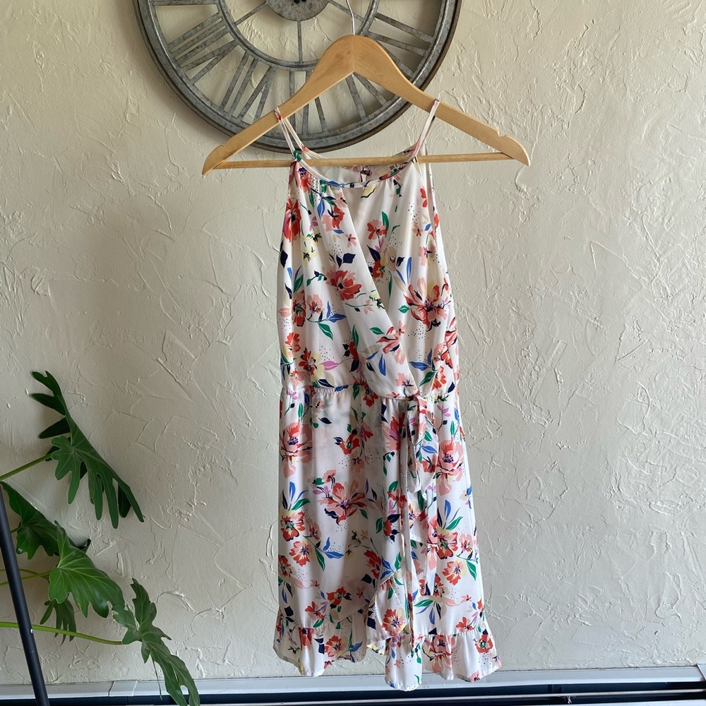 Miami Women’s White with Floral Tabk Top Fake Wrap-Around Dress
